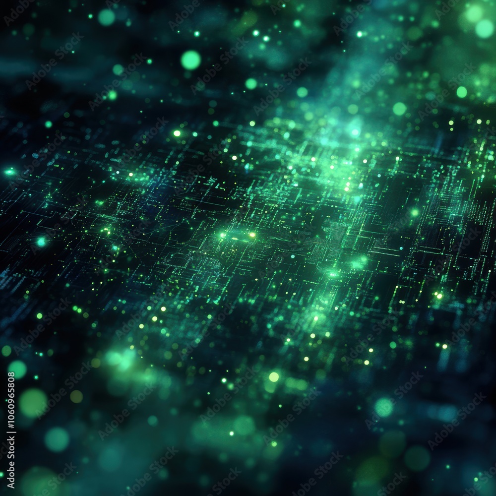 Obraz premium Futuristic technology landscape with glowing green and blue elements. Generative AI