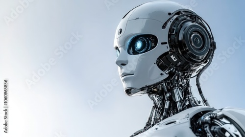 Close-up of a white humanoid robot's head with glowing blue eyes, against a white background.