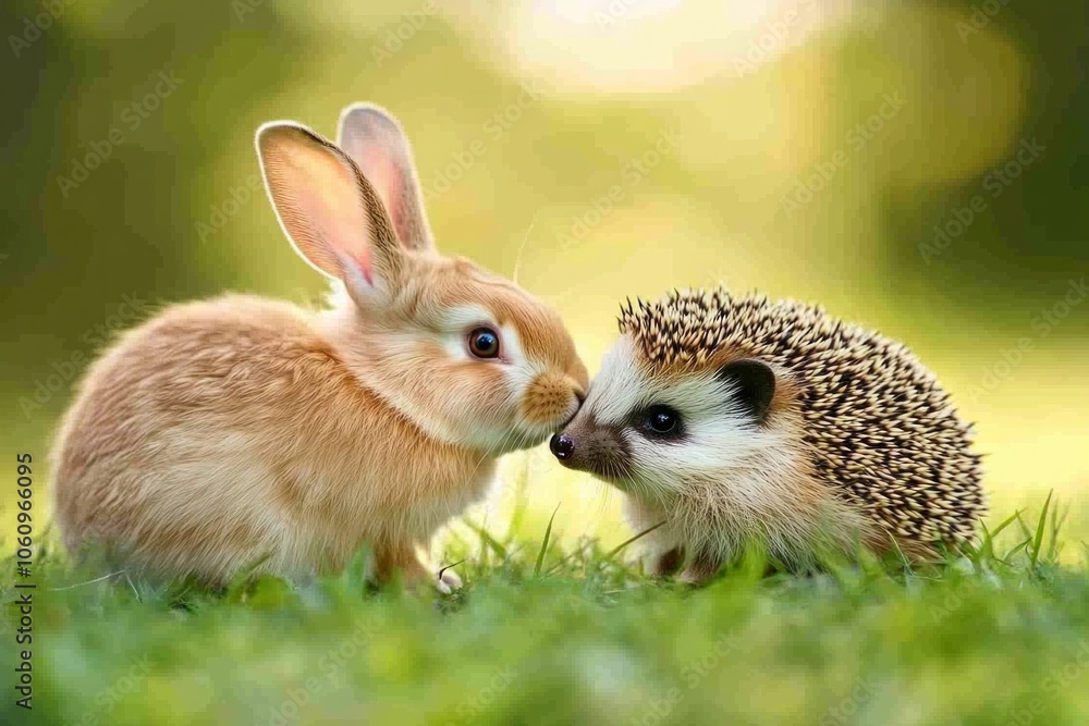 Obraz premium A playful pet rabbit affectionately leans against a hedgehog in a sunlit grassy meadow