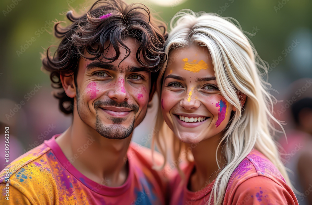 Obraz premium Happy Boy and Girl Smiling with Faces in Holi Paint - Celebration, Fun, Colorful Paints, Festive Occasion