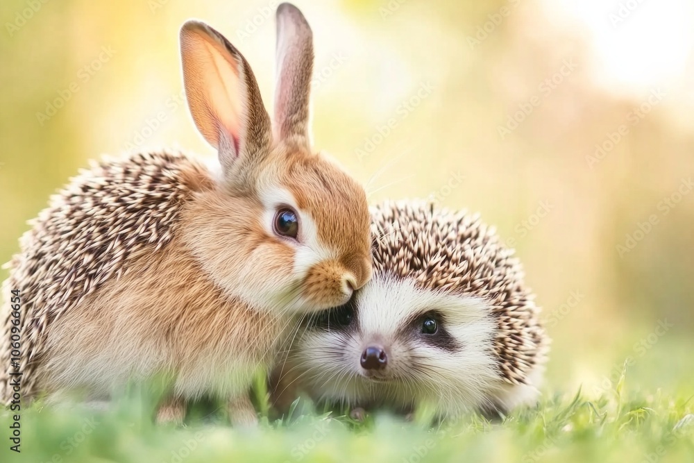 Obraz premium A pet rabbit and a hedgehog cuddle in a sunny meadow with soft grass and a dreamy background
