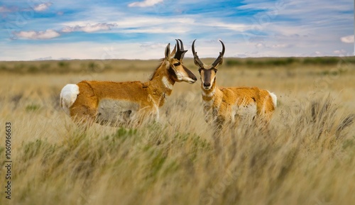 The pronghorn antelope is a species of artiodactyl mammal indigenous to interior western and central North America.