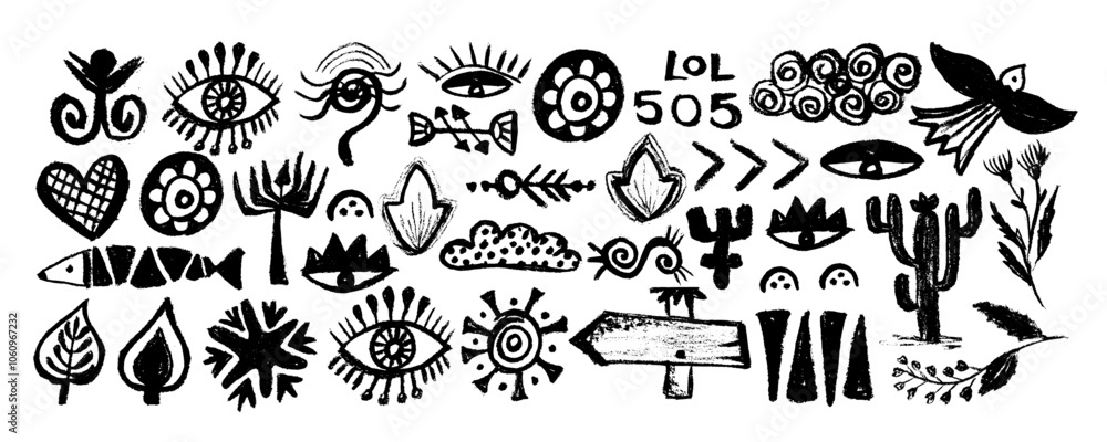 Mexico silhouette print. Ethnic border Aztec and Mayan. Mexican shapes, sign and symbol. Set of various elements drawn with charcoal pencil, eyes, fish, leaves, bird, cactus. Mexico silhouette print. Ethnic border Aztec and Mayan. Mexican shapes, sign and symbol. Set of various elements drawn with charcoal pencil, eyes, fish, leaves, bird, cactus.