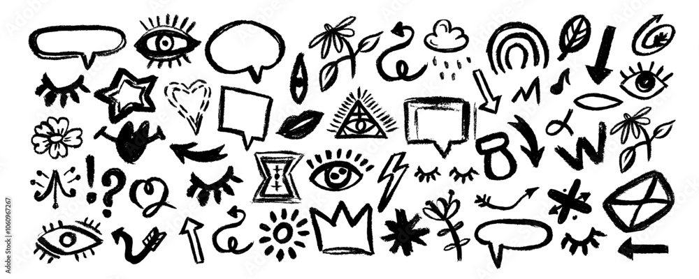 Set of various elements drawn with charcoal pencil, eyes, leaves, arrows, crown, clouds, rainbow. Abstract arrows, ribbons, crowns, hearts, eyes and other elements in hand drawn Set of various elements drawn with charcoal pencil, eyes, leaves, arrows, crown, clouds, rainbow. Abstract arrows, ribbons, crowns, hearts, eyes and other elements in hand drawn