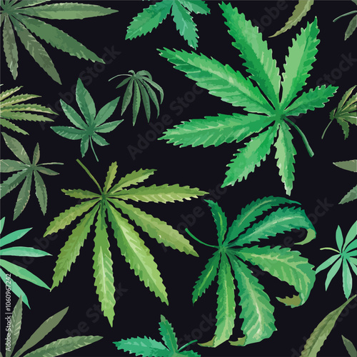 watercolor illustration of marijuana, elegant image with seamless vector pattern, most interesting batik