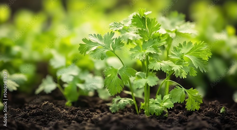 Close-up of a coriander plant growing in the garden, with green leaves on top of the soil.
Close-up of a coriander plant growing in the garden, with green leaves on top of the soil.