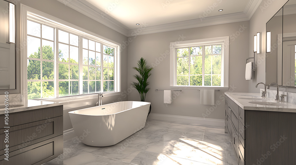 Fototapeta premium Elegant bathroom design featuring sleek grey marble Contemporary led lighting A stylish double vanity And a luxurious freestanding tub