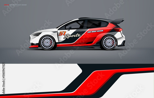 Racing Car branding mockup with racing wrap decal or livery design, Hatchback wrap design with red black color and background. Hatchback and sedan vector ready print printable file