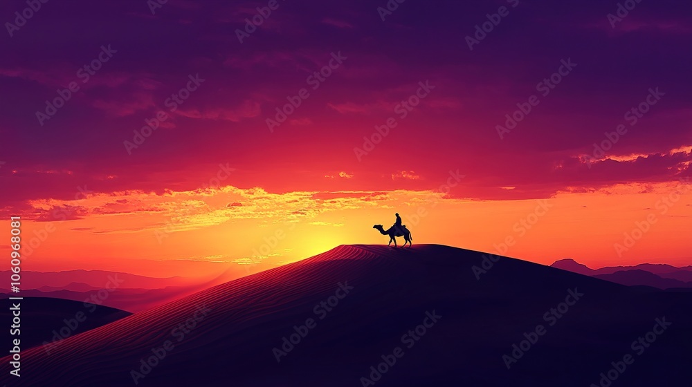 The silhouette of a lone traveler with his camel crossing a rolling sand dune at dusk, with a deep orange and purple sky stretching across the horizon The silhouette of a lone traveler with his camel crossing a rolling sand dune at dusk, with a deep orange and purple sky stretching across the horizon