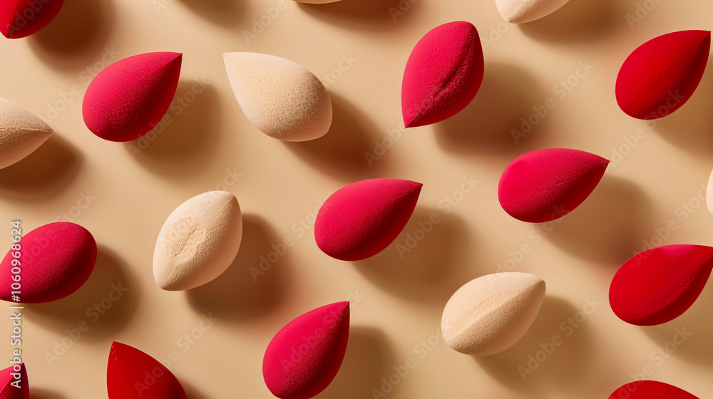 A geometric pattern created from makeup sponges, highlighting beauty blenders in red and beige against a beige background. A geometric pattern created from makeup sponges, highlighting beauty blenders in red and beige against a beige background.