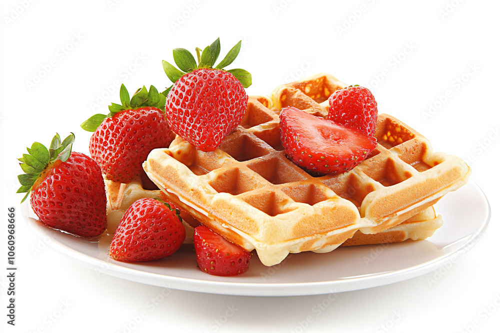 Delicious golden Viennese or Belgian waffles topped with fresh berries and strawberries on plate. Cozy lazy morning homemade recipe baking breakfast. Sweet dessert Delicious golden Viennese or Belgian waffles topped with fresh berries and strawberries on plate. Cozy lazy morning homemade recipe baking breakfast. Sweet dessert