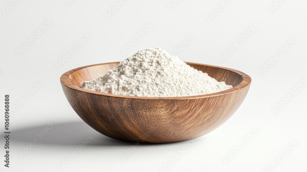 Wooden bowl holding a pile of white flour, against a pure white background for food and kitchen themes. - Wooden bowl holding a pile of white flour, against a pure white background for food and kitchen themes. -