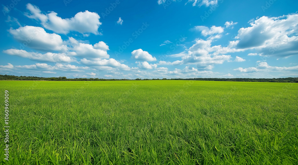 Obraz premium A large grassland with a blue sky and white clouds in the background. A flat green field with sparse plants at ground level with distant view. A horizontal composition, bright colors, natural light. 