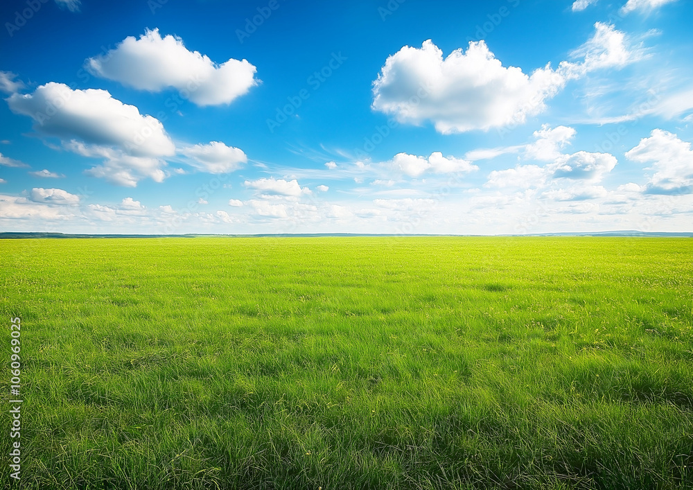 Obraz premium A large grassland with a blue sky and white clouds in the background. A flat green field with sparse plants at ground level with distant view. A horizontal composition, bright colors, natural light. 