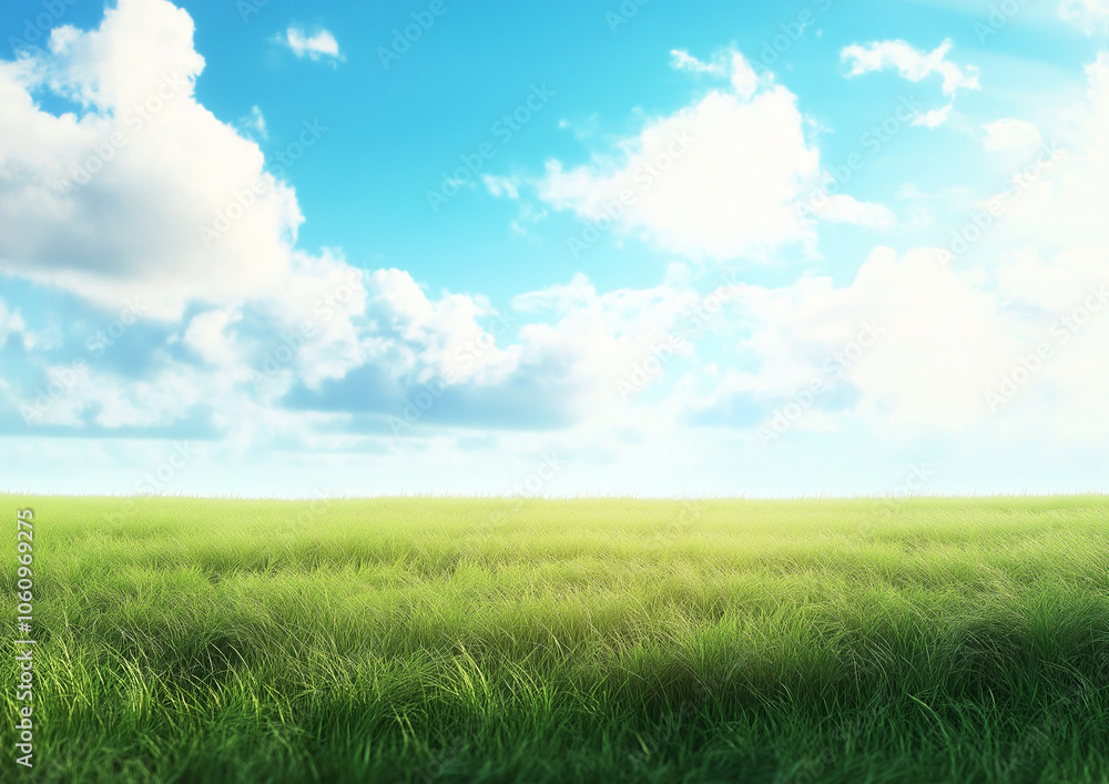 A large grassland with a blue sky and white clouds in the background. A flat green field with sparse plants at ground level with distant view. A horizontal composition, bright colors, natural light. A large grassland with a blue sky and white clouds in the background. A flat green field with sparse plants at ground level with distant view. A horizontal composition, bright colors, natural light.
