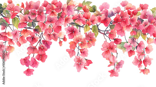 Fototapeta Naklejka Na Ścianę i Meble -  Bougainvillea creeper illustration, Vibrant pink flowers hanging gracefully, isolated on white background, watercolor painting