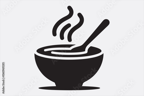 Black silhouette of a bowl of hot soup with a spoon