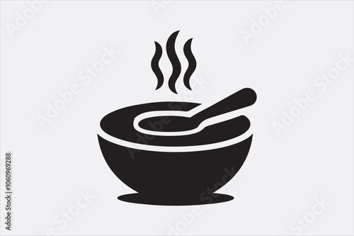 Black silhouette of a bowl of hot soup with a spoon