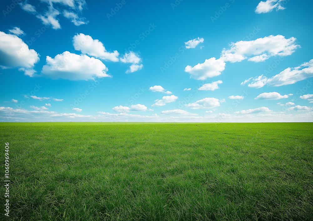 A large grassland with a blue sky and white clouds in the background. A flat green field with sparse plants at ground level with distant view. A horizontal composition, bright colors, natural light. A large grassland with a blue sky and white clouds in the background. A flat green field with sparse plants at ground level with distant view. A horizontal composition, bright colors, natural light.