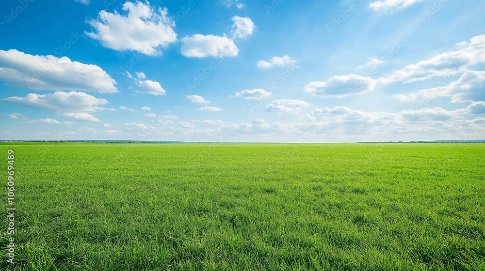 A large grassland with a blue sky and white clouds in the background. A flat green field with sparse plants at ground level with distant view. A horizontal composition, bright colors, natural light. A large grassland with a blue sky and white clouds in the background. A flat green field with sparse plants at ground level with distant view. A horizontal composition, bright colors, natural light.
