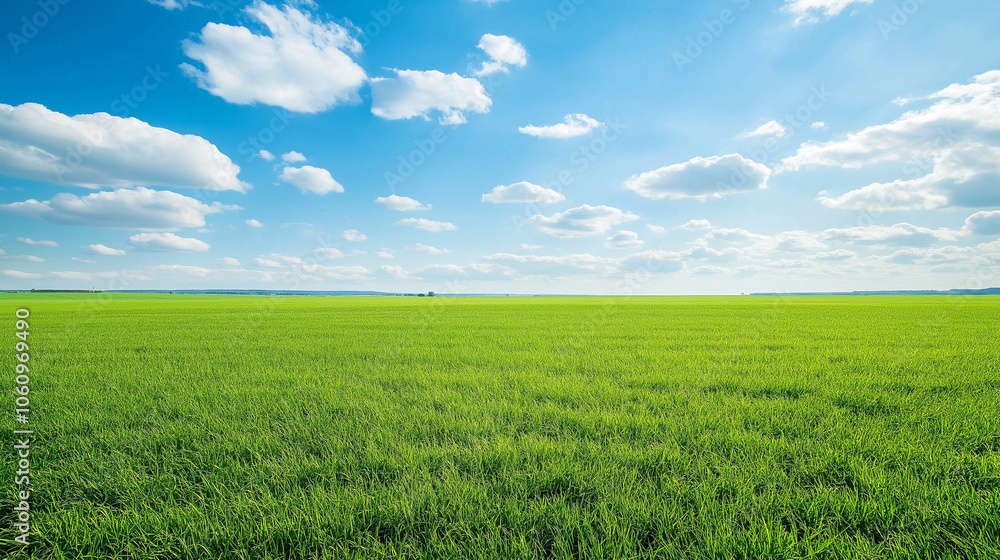 Obraz premium A large grassland with a blue sky and white clouds in the background. A flat green field with sparse plants at ground level with distant view. A horizontal composition, bright colors, natural light. 