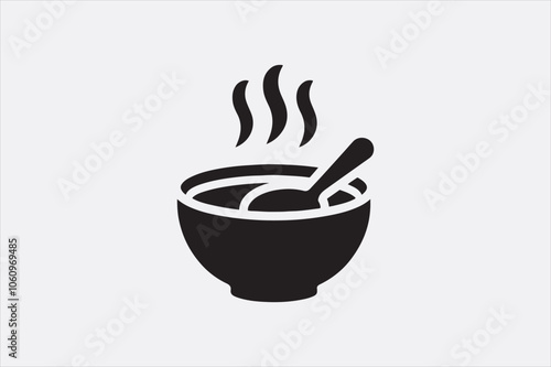 Black silhouette of a bowl of hot soup with a spoon