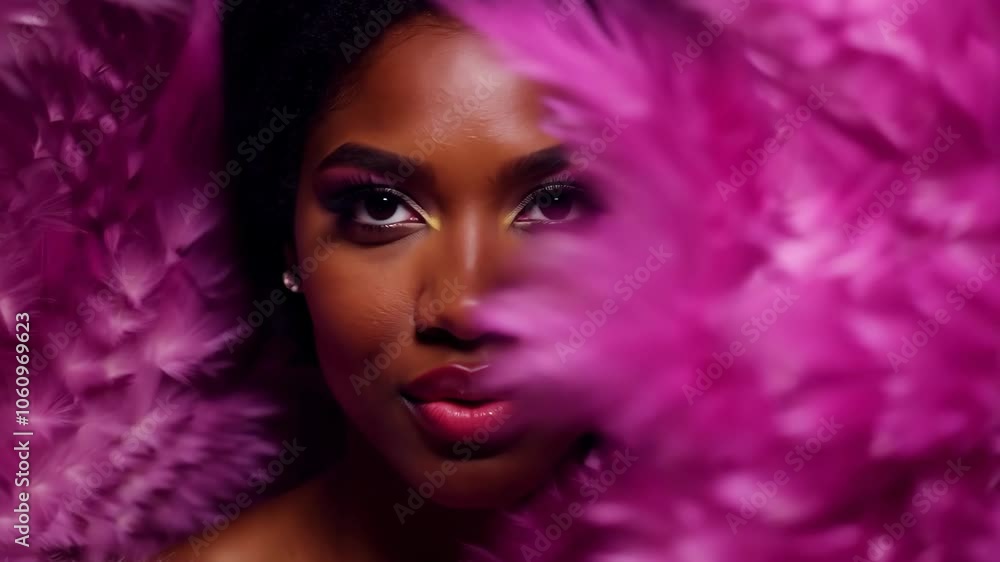 Elegance through pink: woman's portrait with vibrant feathers Elegance through pink: woman's portrait with vibrant feathers