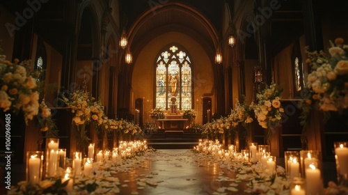 Interior of a church with candles and flowers in the foreground. Classic church wedding background.