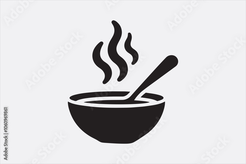 Black silhouette of a bowl of hot soup with a spoon