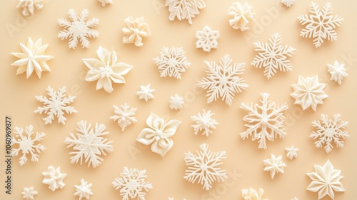 White Snowflake and Star Ornament Pattern on Beige Background