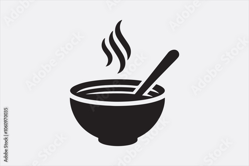 Black silhouette of a bowl of hot soup with a spoon