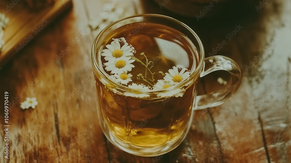 Chamomile Herbal Tea in Glass Cup on Rustic Wood Table