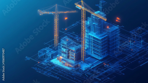 Fototapeta Naklejka Na Ścianę i Meble -  digital construction building information modeling bim concept with 3d model and blueprints vector illustration