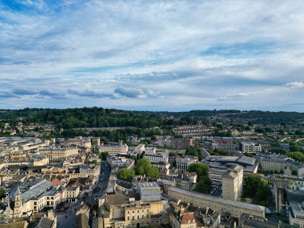 Naklejka premium High Angle View of Historical Bath City of England United Kingdom During Mostly Cloudy Day of May 26th, 2024, Aerial Footage Was Captured with Drone's Camera During Bright Sunny Day