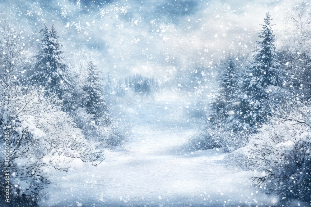 In a serene winter scene, delicate snowflakes drift down, blanketing tall trees and the ground in white, creating a captivating atmosphere In a serene winter scene, delicate snowflakes drift down, blanketing tall trees and the ground in white, creating a captivating atmosphere
