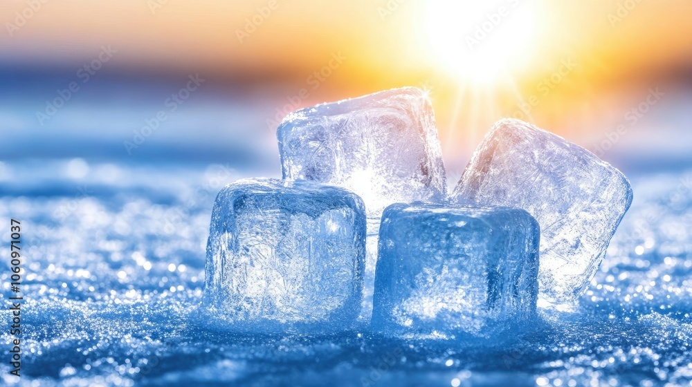 Sunlight dances across crystalline ice cubes resting on a blanket of fresh snow, reflecting a beautiful spectrum of light in a tranquil winter wonderland Sunlight dances across crystalline ice cubes resting on a blanket of fresh snow, reflecting a beautiful spectrum of light in a tranquil winter wonderland