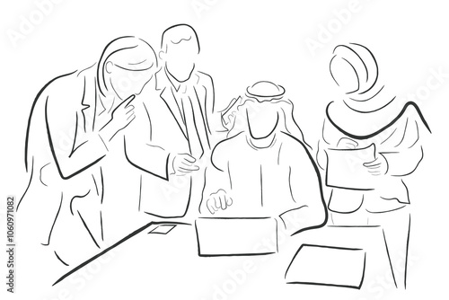 Hand drawn line art vector of a Saudi businessman brainstorming with team.