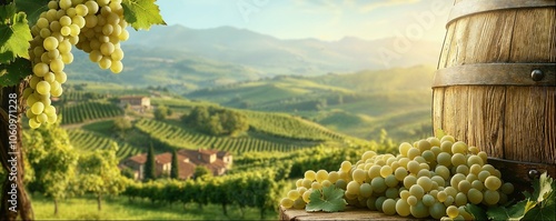 Wine barrel, sunny landscape with vineyards and wineries, copy space, hight detailed upscaled image photo