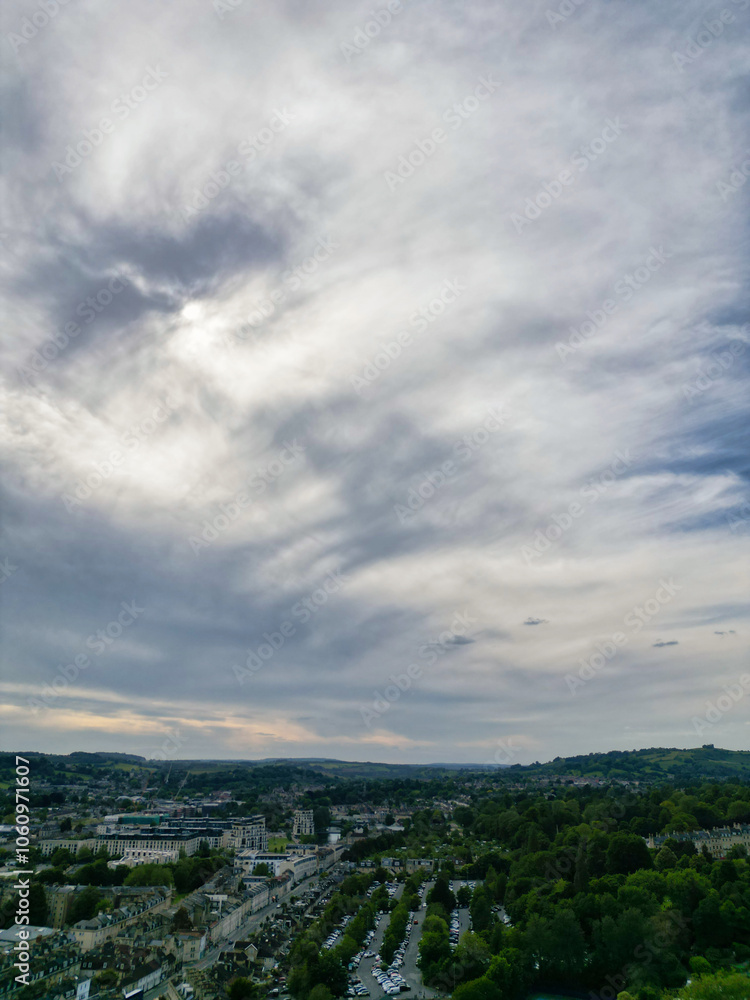 Obraz premium High Angle View of Historical Bath City of England United Kingdom During Mostly Cloudy Day of May 26th, 2024, Aerial Footage Was Captured with Drone's Camera During Bright Sunny Day