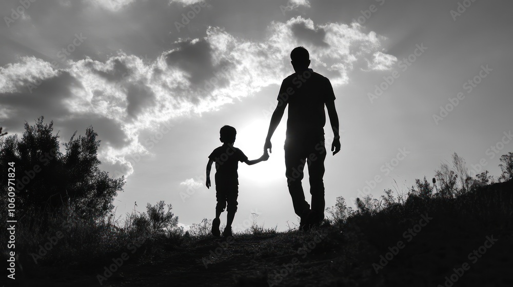 A silhouette of a parent and child walking hand in hand against a cloudy sky. A silhouette of a parent and child walking hand in hand against a cloudy sky.