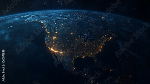 Fototapeta Naklejka Na Ścianę i Meble -  glowing earth from space north america at night with city lights and celestial wonders digital illustration