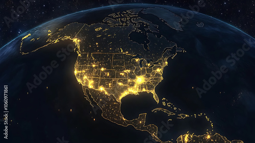 Fototapeta Naklejka Na Ścianę i Meble -  glowing earth from space north america at night with city lights and celestial wonders digital illustration