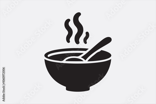 Black silhouette of a bowl of hot soup with a spoon