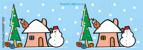 Find five differences, winter card, christmas tree, house, bird and snowman, vector illustration