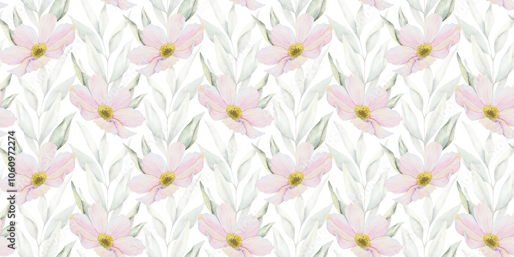 Print of pink and white Cosmea flowers. Cosmos bipinnatus. Hand drawn watercolor seamless pattern of Mexican aster. Summer floral background for wedding design, textiles, wrapping paper, scrapbooking Print of pink and white Cosmea flowers. Cosmos bipinnatus. Hand drawn watercolor seamless pattern of Mexican aster. Summer floral background for wedding design, textiles, wrapping paper, scrapbooking