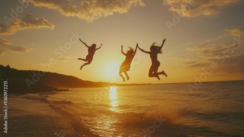 Three silhouetted figures jump joyfully against a sunset backdrop over the ocean.