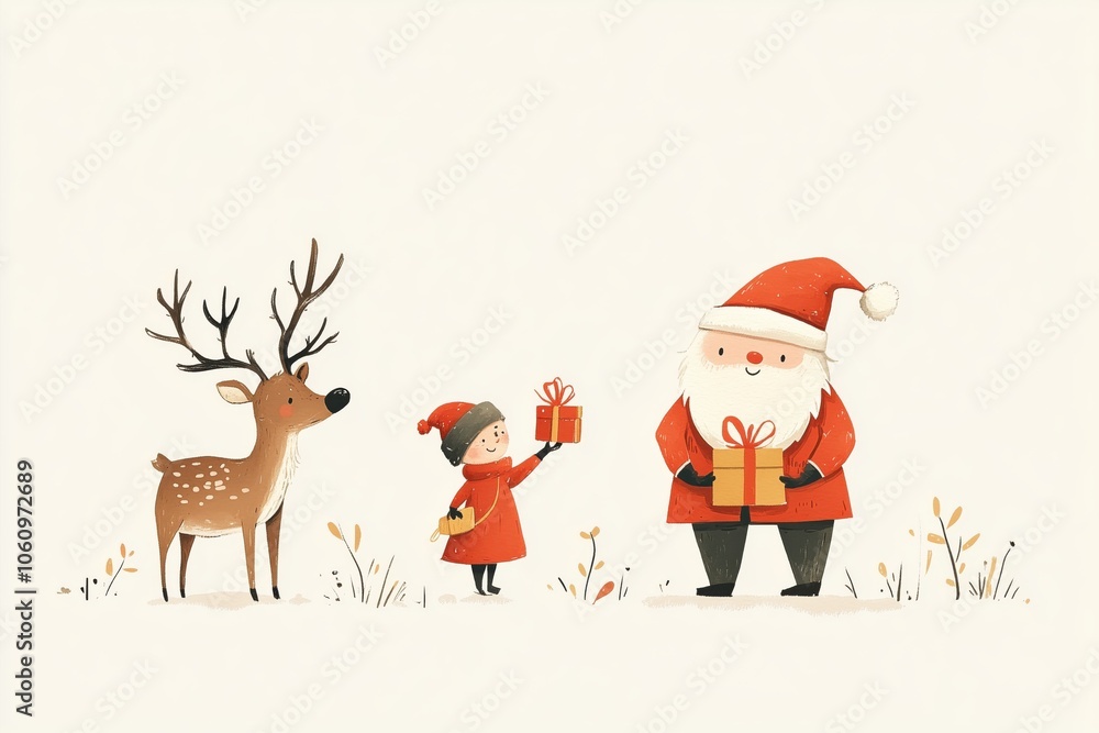 Fototapeta premium Ilustrações de Natal com Papai Noel, renas e elfos segurando presentes, estilo lúdico e minimalista, criado por IA generativa.