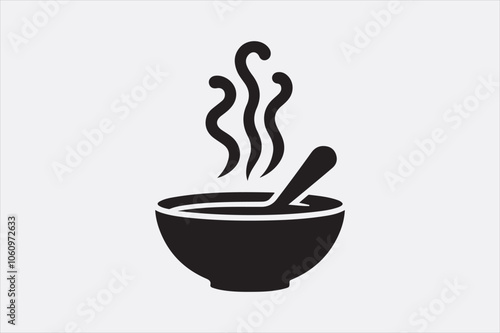 Black silhouette of a bowl of hot soup with a spoon.