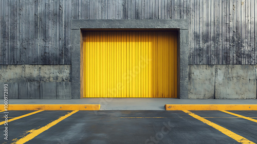 Wallpaper Mural Opening yellow iron shutter door of garage and industrial building warehouse exterior facade with grey concrete road Torontodigital.ca