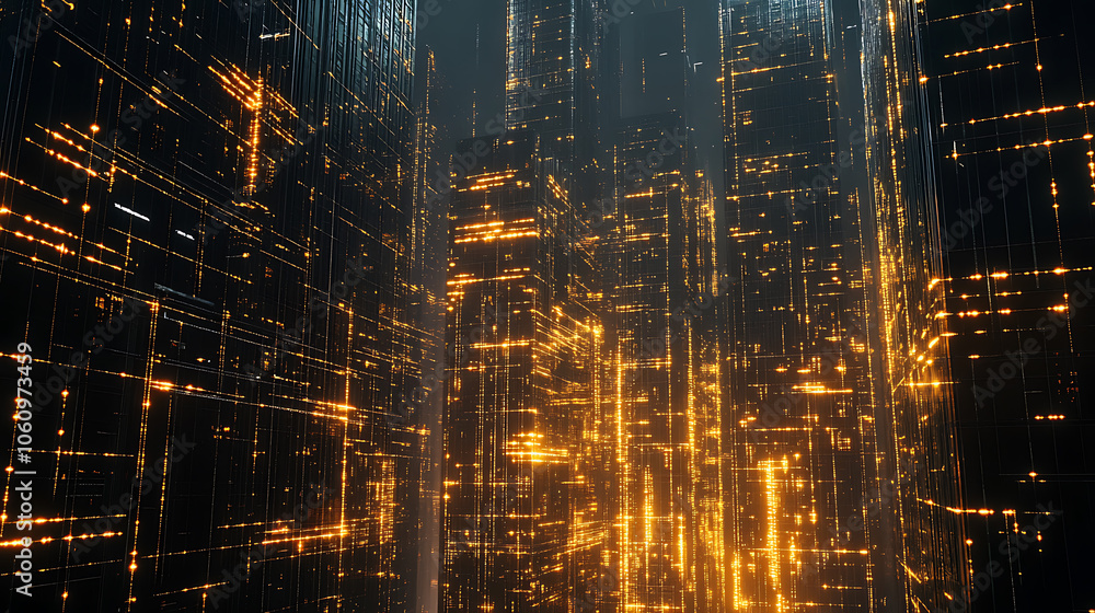 Fototapeta premium Modern skyscrapers with network connections, representing the impact of AI on real estate business models and techniques in city building
